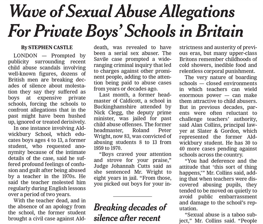 The New York Times - Wave of Sexual Abuse Allegations for Private Boy’s Schools in Britain